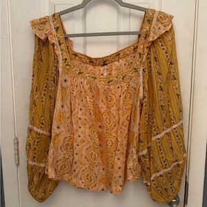 Free People Mustard Yellow Printed Boho Blouse